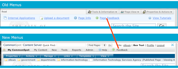 The page feedback menu has moved to the feedback menu in the gray toolbar