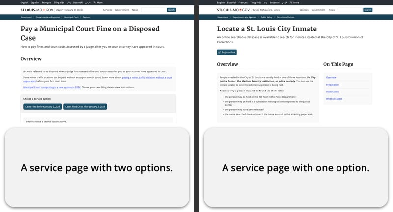 A service page with two options, and a service page with one option