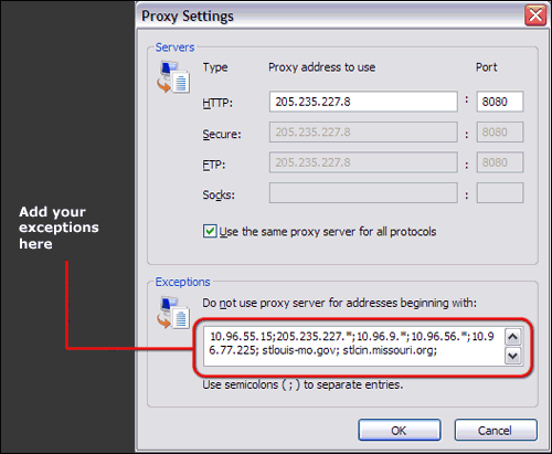 Adding proxy exceptions to Internet Explorer