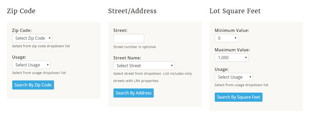 LRA Search Tool for Zip Street and Lot size