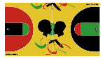 Irons Court - Brock Seals. An artist's rendering of a basketball court. Yellow background with red, green and black swooshes. Silhouettes of two Black  profiles at the center of the court, facing each other.