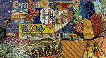 Mosaic 1: brightly colored mosaic with houses, figures, and words like skills, dream, openness, heart