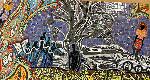 Mosaic 2: Brightly colored mosaic with a gray and white tree on a black background with figures surrounding it