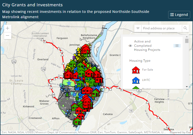 A map of the City of St. Louis with icons showing CDA has made grants i.e. housing, services, home repair