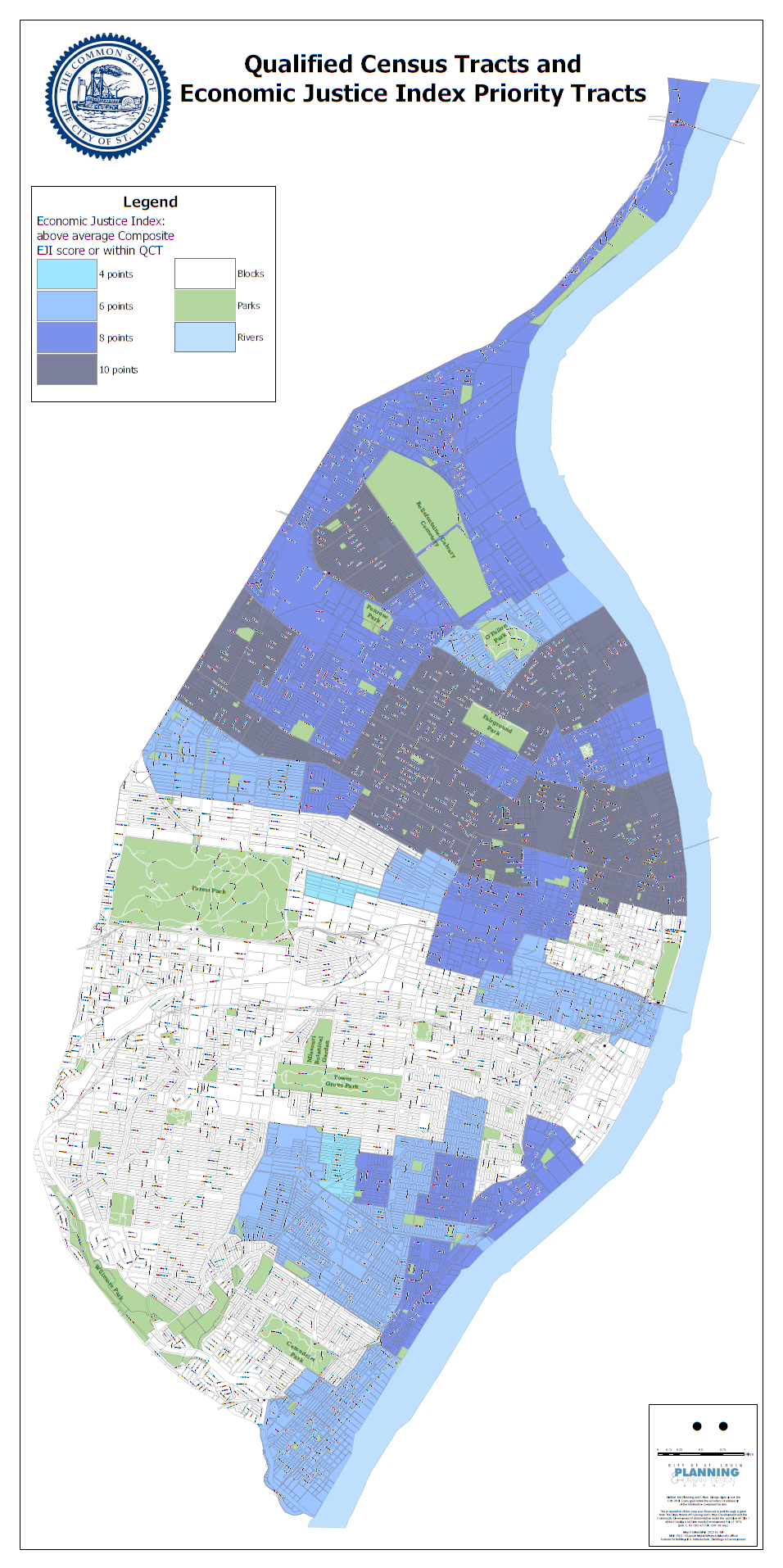 Map of QTCs and thje EJI index showing all of North City and Dutchtown shaded blue.