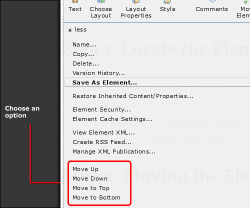 Choose an option to move the element up or down.