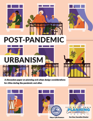 The cover page of the post-pandemic urbanism report is displayed. The title is displayed over vector imagery of people performing various activities through the windows of their apartments.