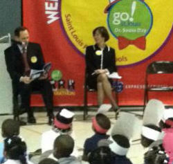 Mayor Slay and Nancy Lieberman at Clay Elementary on March 2, 2012 for Go! St. Louis' Cat in the Hat event in honor of what would have been Dr. Seuss's 108th birthday.
