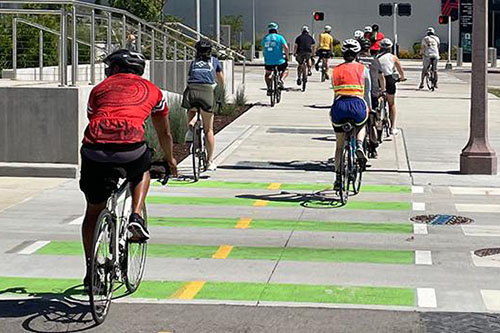 Bicyclists riding in a bike lane