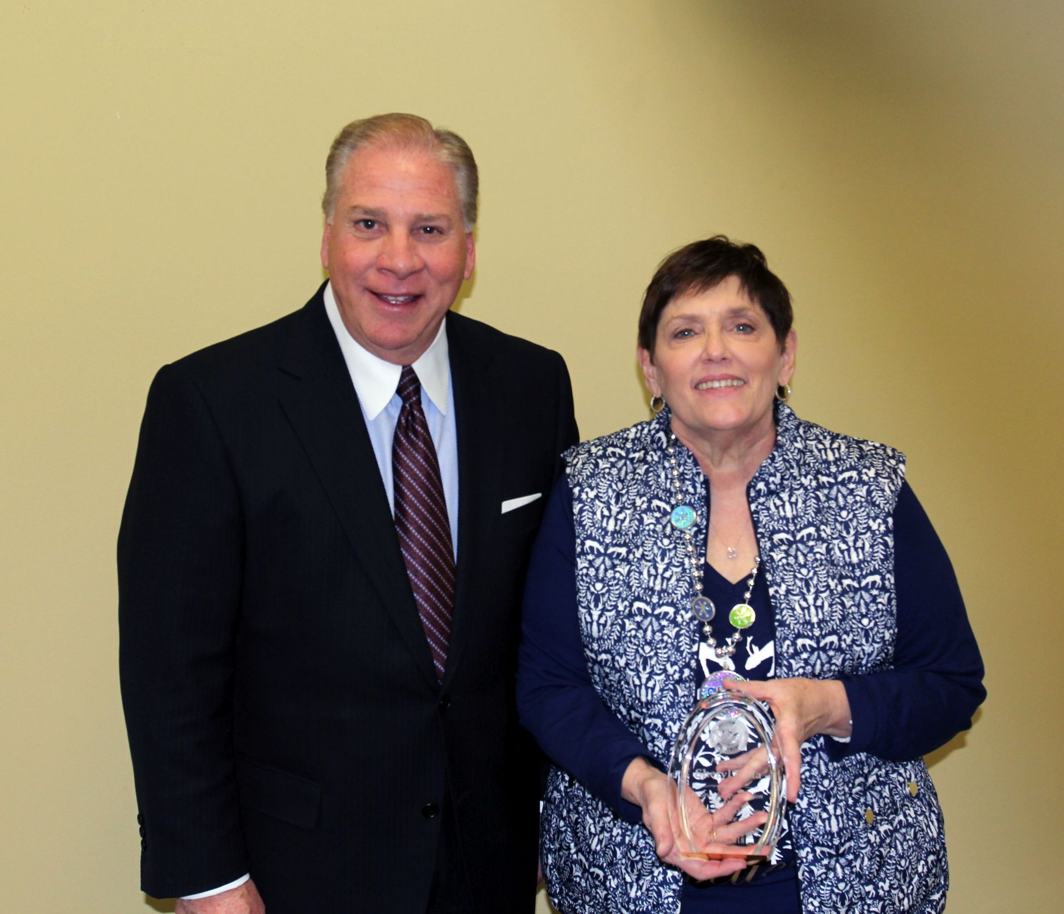 Collector of Revenue Gregory F.X. Daly congratulates Sheryl Fiala on her retirement in Feb. 2018.