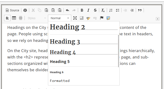 Heading levels 2-6 as seen in the CommonSpot formatted text block