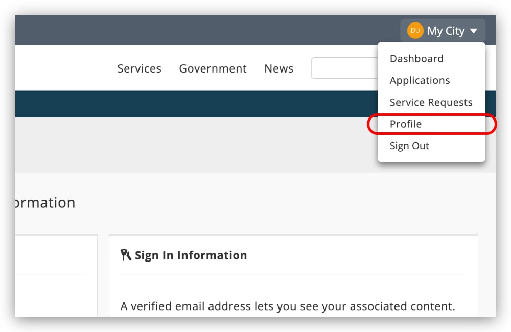 My City toolbar button - signed in - open with Profile highlighted My City toolbar button - signed in - open with Profile highlighted