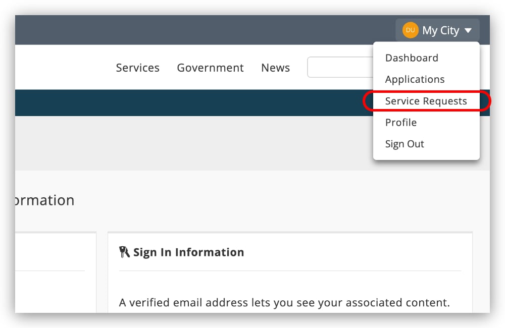 My City toolbar button - signed in - open with Service Requests highlighted My City toolbar button - signed in - open with Service Requests highlighted