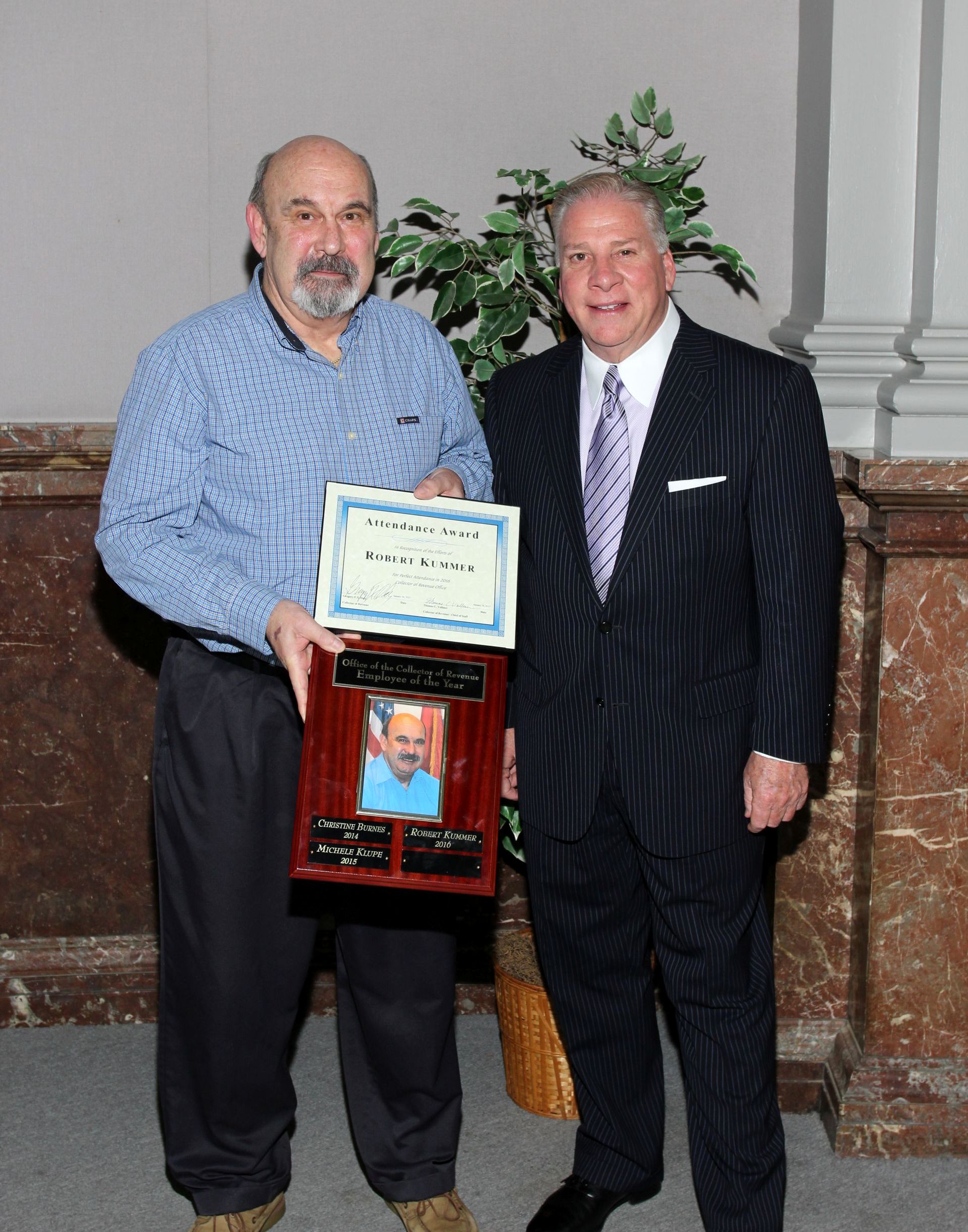 From L:  Robert Kummer, 2016 Employee of the Year with Collector of Revenue Gregory F.X. Daly.