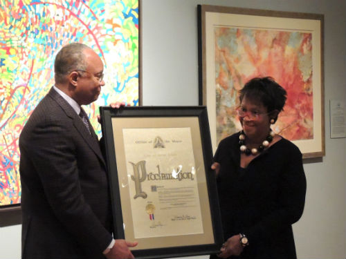 Larry and Brenda Thompson receive a Mayoral proclamation in recognition of their outstanding support of the arts.