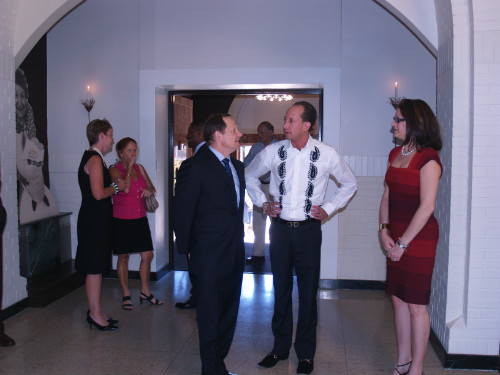 Mayor Francis G. Slay speaks with Cfx ad agency owners Chris and Megan Frank before the Spirit Award presentation on Aug. 25, 2011.