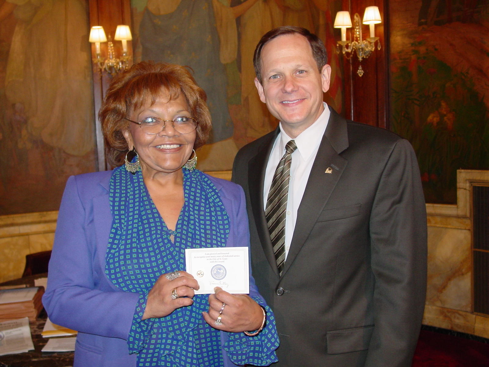 The day then-Mayor Francis G. Slay presented Linda Russell with her 30-year service pin.